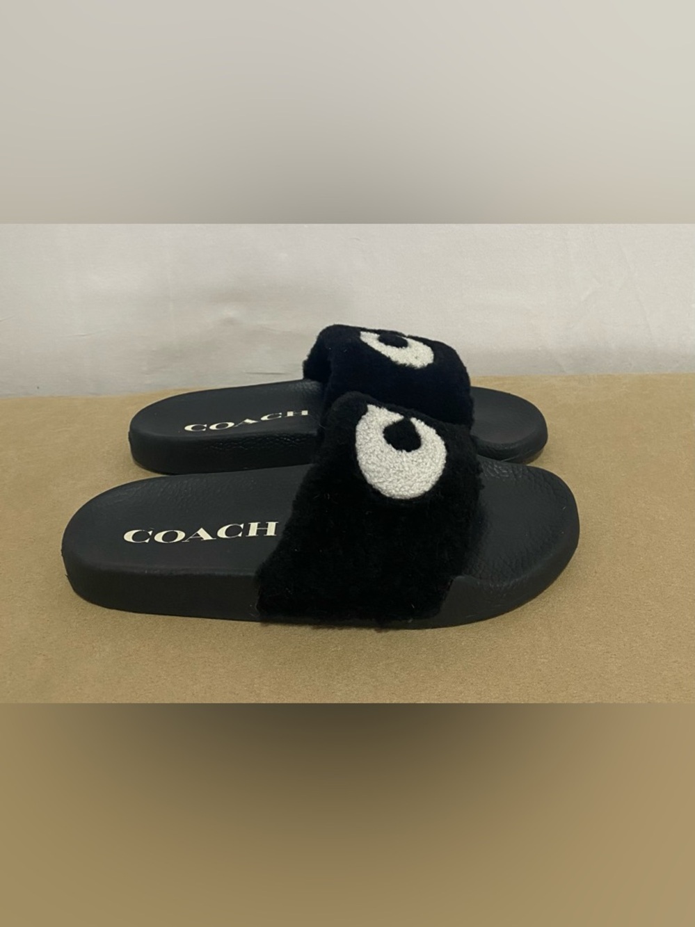 Coach Black Slide Sandals with White Logo Detail